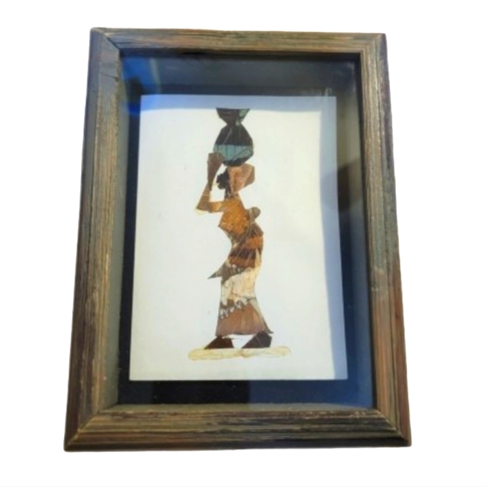 Hand crafted mosaic woman African Rustic Framed Tribal Art with Earthy Hues 6x8